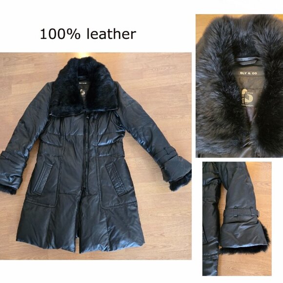 NWOT Sly & Co 100% real leather and fur winter puffer coat medium - Picture 1 of 10
